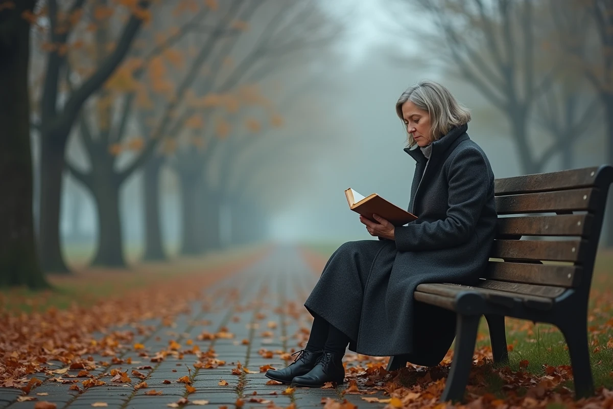 Femme seule et pensive assise sur un banc dans un parc automnal brumeux, illustrant la solitude philosophique