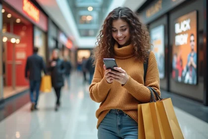 Femme souriante dans un centre commercial avec sacs de shopping