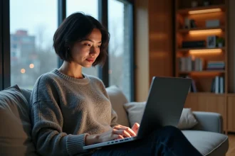 Femme découvrant le film du jour sur un site de streaming depuis son canapé avec un laptop