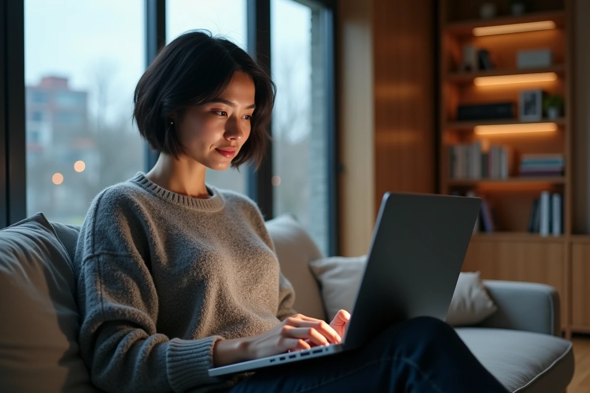 Femme découvrant le film du jour sur un site de streaming depuis son canapé avec un laptop