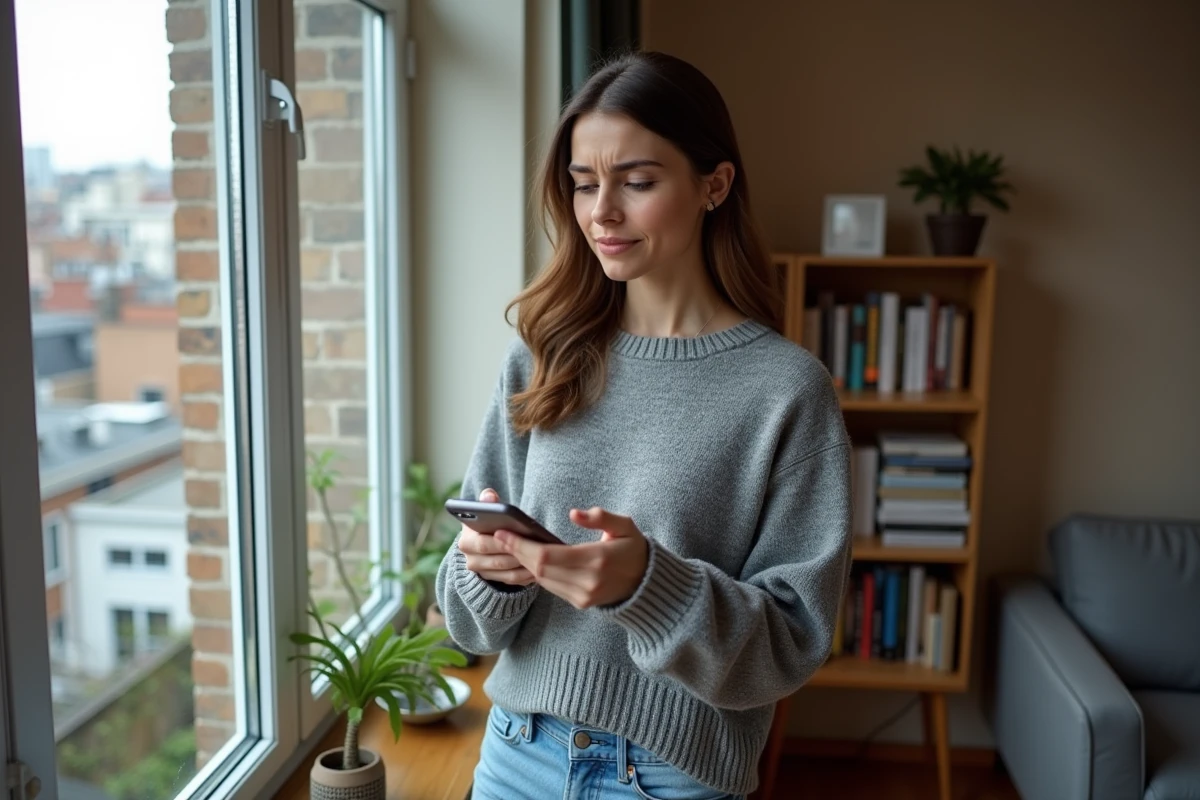 Jeune femme regardant son téléphone qui sonne