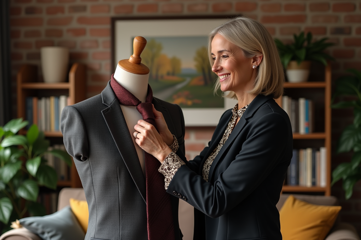 Femme montrant comment nouer une cravate sur un mannequin