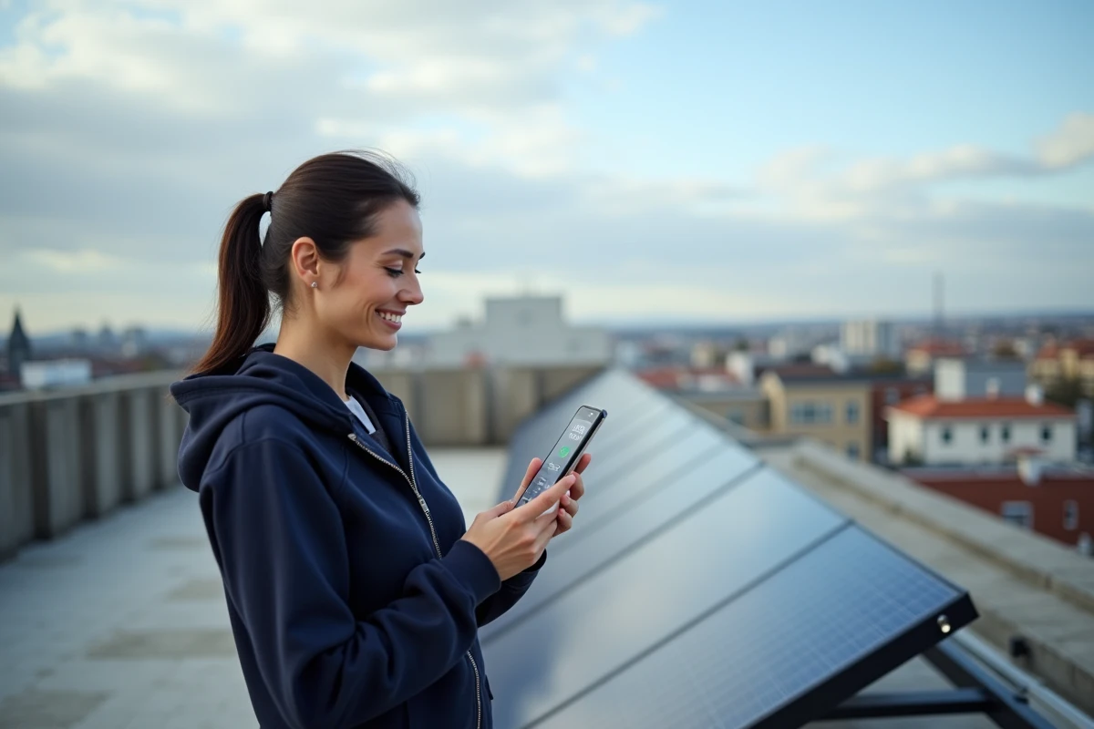 Femme sur une toiture résidentielle vérifiant les données de production solaire sur son smartphone