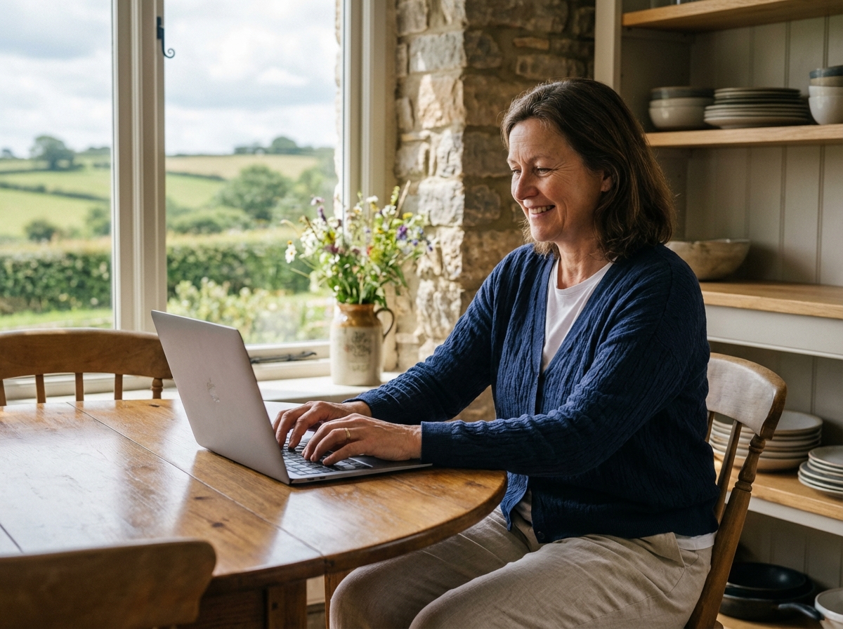 Femme travaillant sur un ordinateur dans cuisine lumineuse