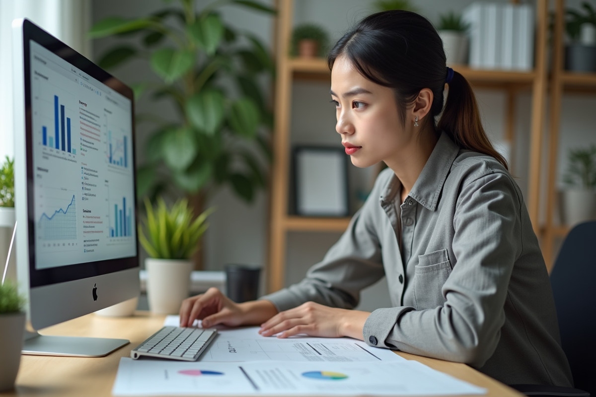 Jeune femme travaillant seule avec ordinateur et graphiques