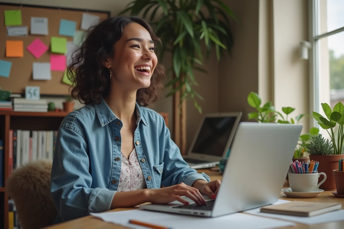 Jeune femme souriante travaillant sur son ordinateur à la maison