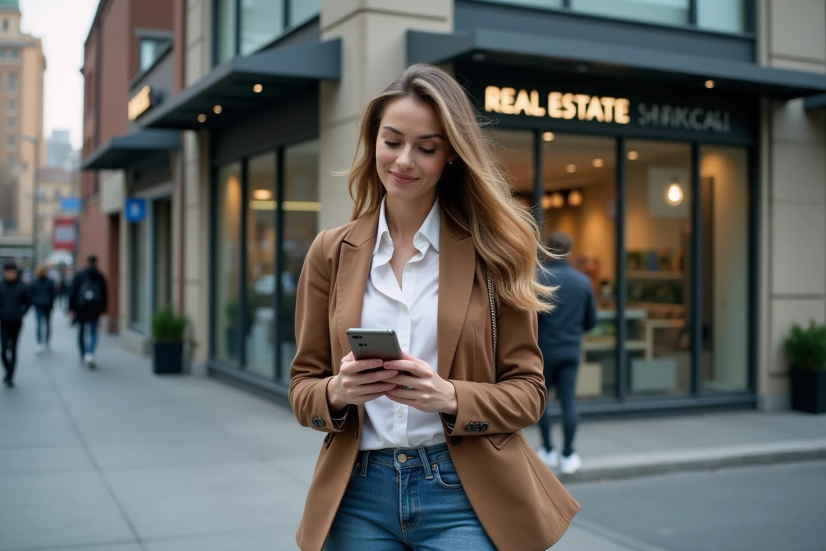 Jeune femme vérifiant les taux hypothécaires sur son smartphone