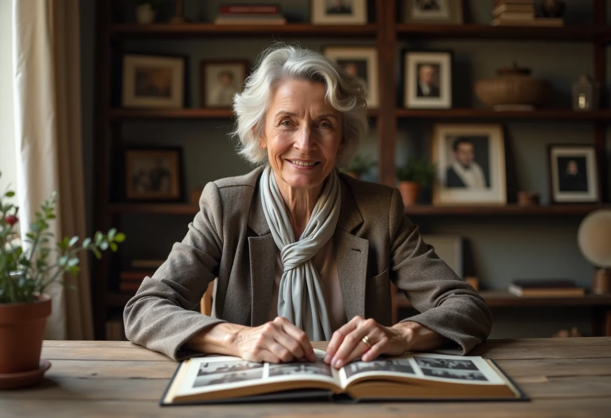Femme française dans la quarantaine feuilletant un album photo ancien