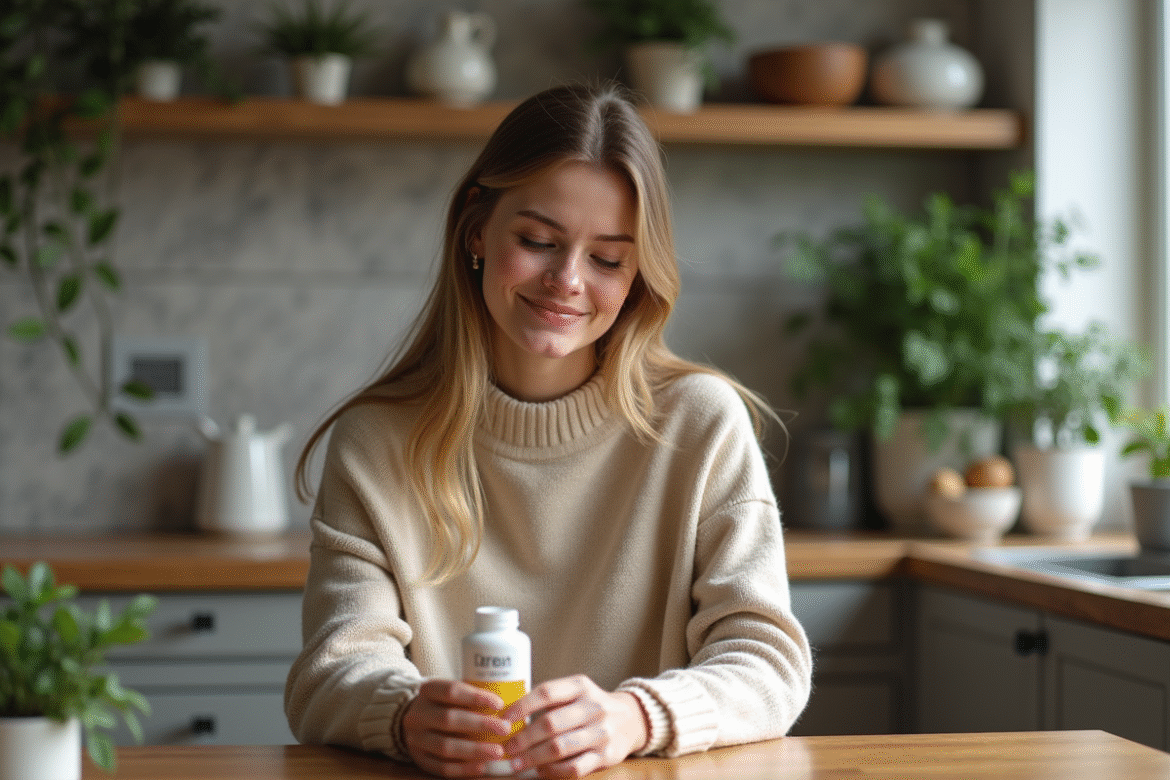 Jeune femme examine une bouteille de vitamines dans la cuisine