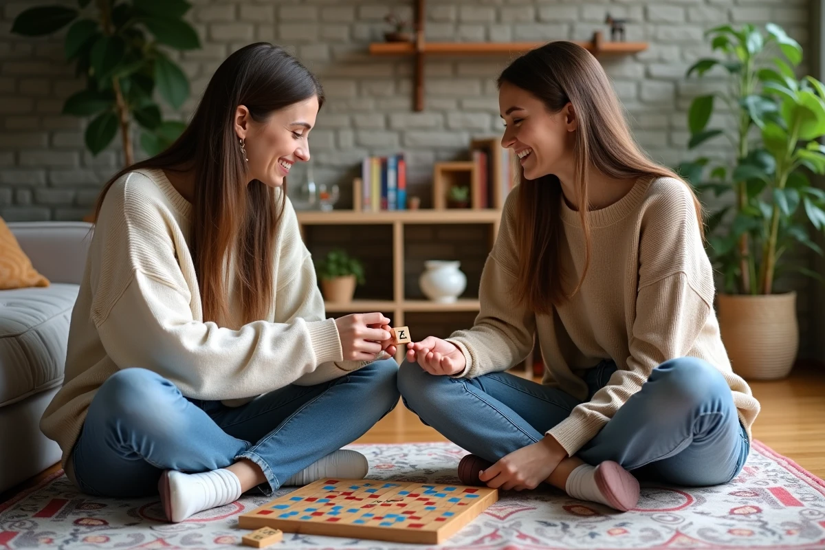 Deux femmes jouant au Scrabble dans un salon accueillant