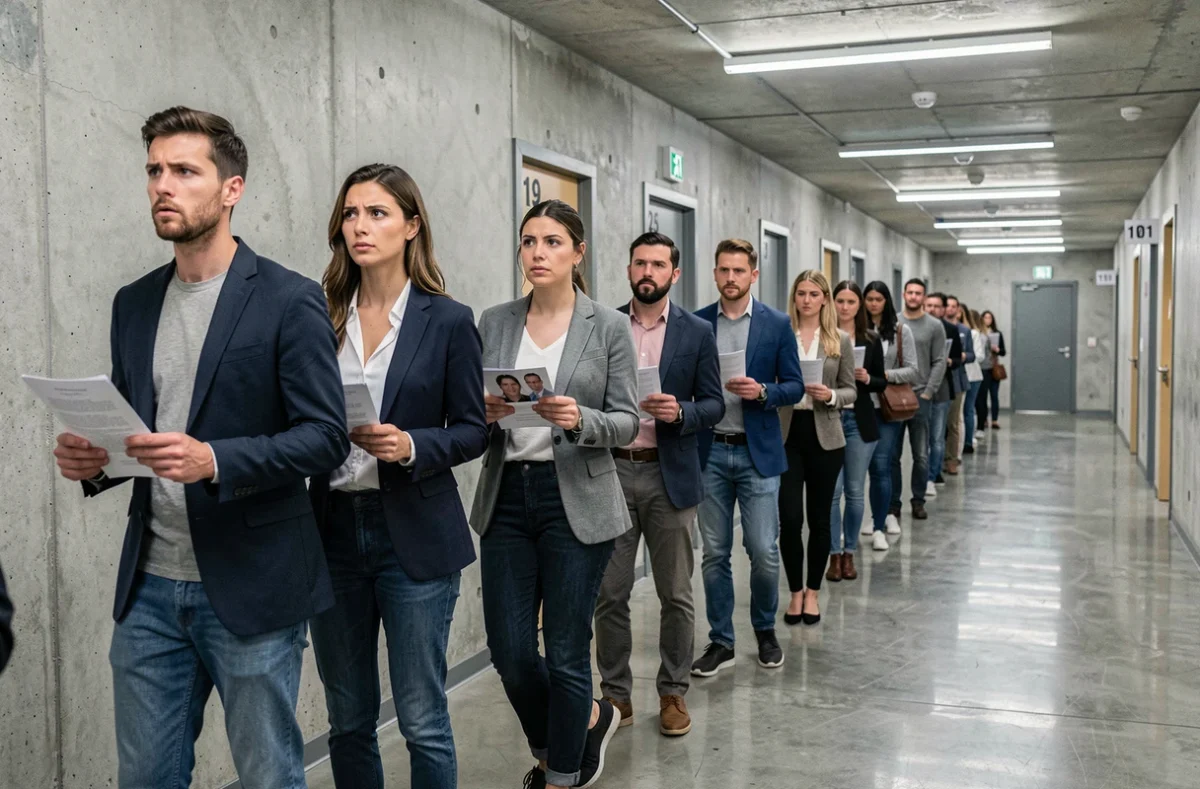 File d'attente de figurants lors d'un casting cinéma dans un couloir de studio moderne
