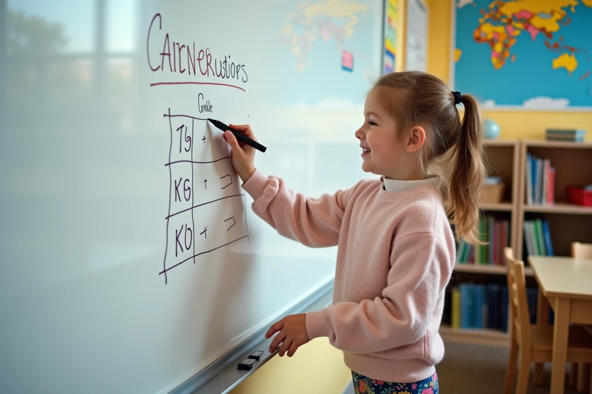 Fille de 8 ans souriante dessinant un tableau de conversion en classe