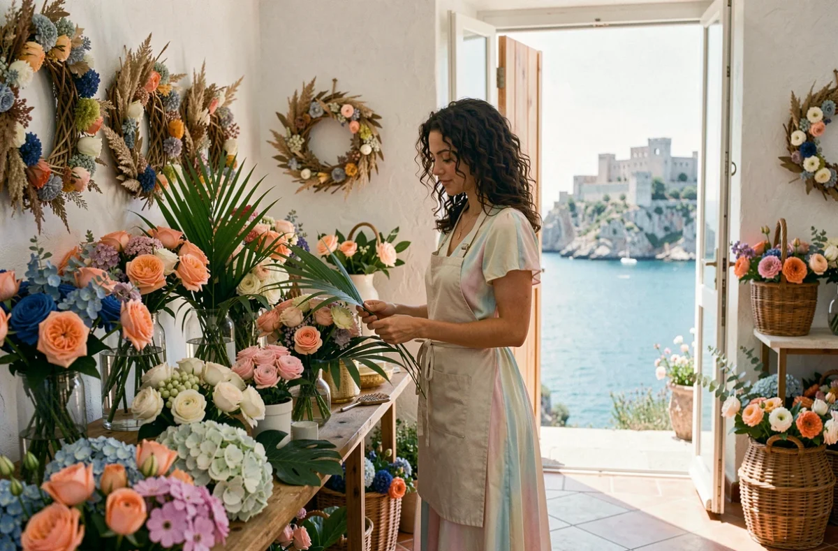 Jeune fleuriste de Fiore Di Ma à Calvi arrangeant des fleurs avec la citadelle de Calvi visible en arrière-plan