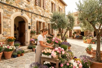 Fleuriste corse présentant des fleurs méditerranéennes colorées devant une boutique en pierre dans un village de Corse