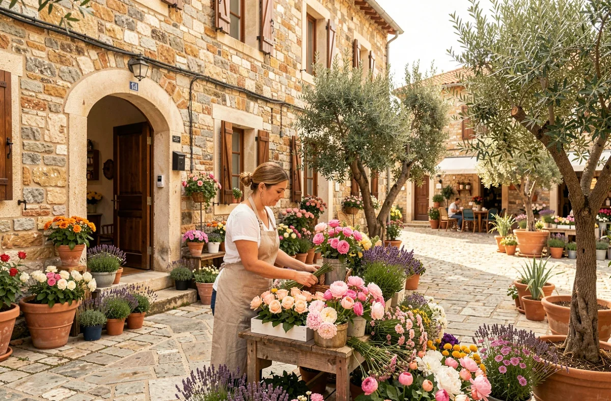 Fleuriste corse présentant des fleurs méditerranéennes colorées devant une boutique en pierre dans un village de Corse