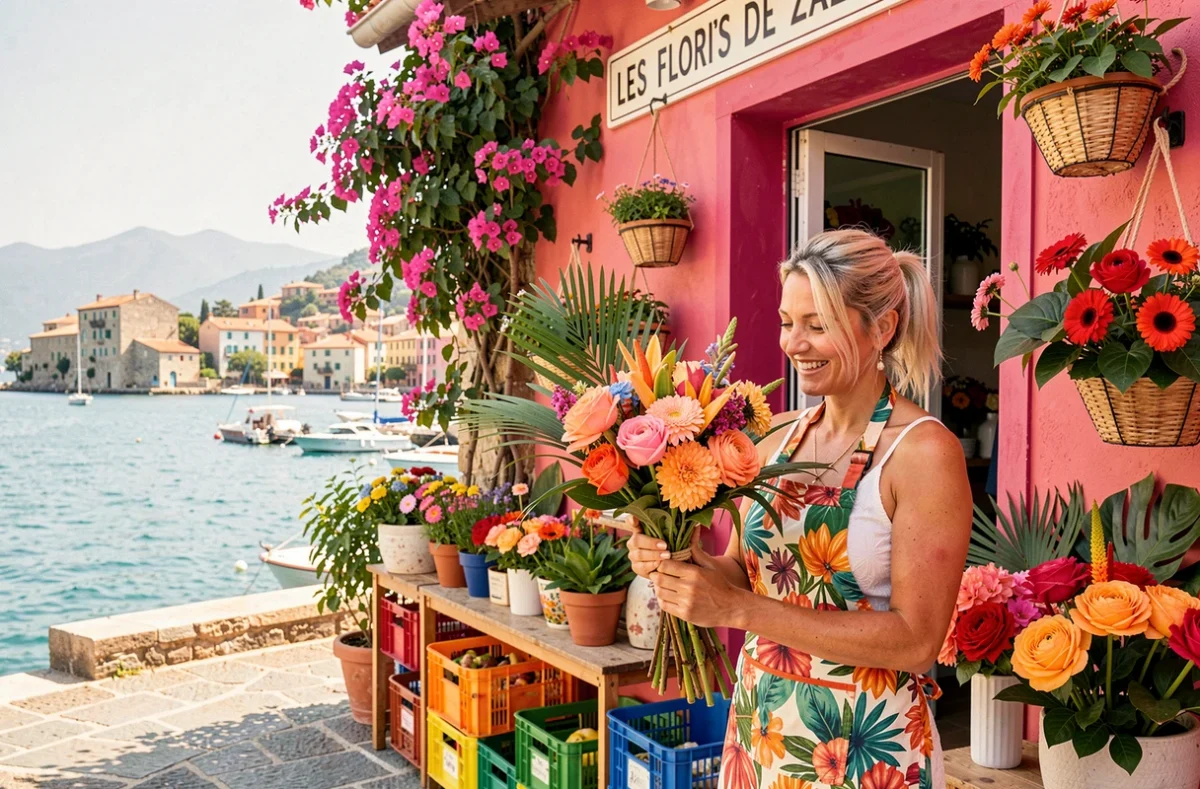 Fleuriste des Flori's de Zazou à Porto-Vecchio composant joyeusement un bouquet tropical devant sa boutique colorée face au golfe