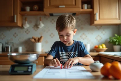 Garçon de 7 ans en t-shirt graphique et jeans utilisant une balance digitale dans la cuisine