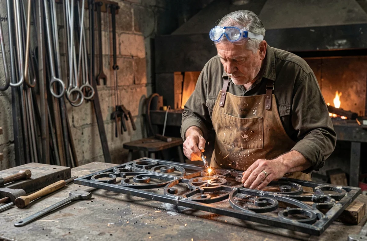 Artisan Génie-Fer inspectant un panneau de ferronnerie forgé à la main dans son atelier de serrurerie