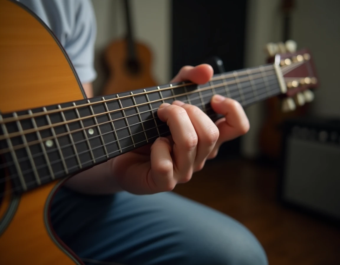 Gros plan sur les doigts d'un guitariste formant l'accord B7 sur le manche d'une guitare acoustique à cordes acier, technique de placement visible