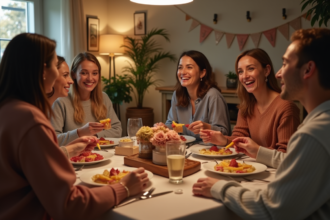 Groupe d'amis en fête partageant un dîner convivial
