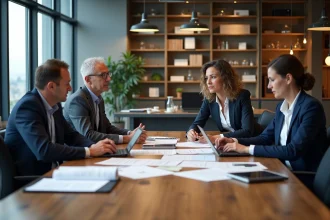 Groupe de professionnels français en discussion dans un espace moderne
