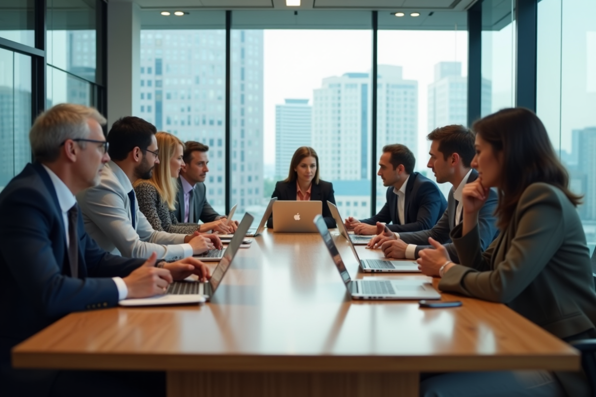 Groupe de professionnels en réunion dans un bureau moderne