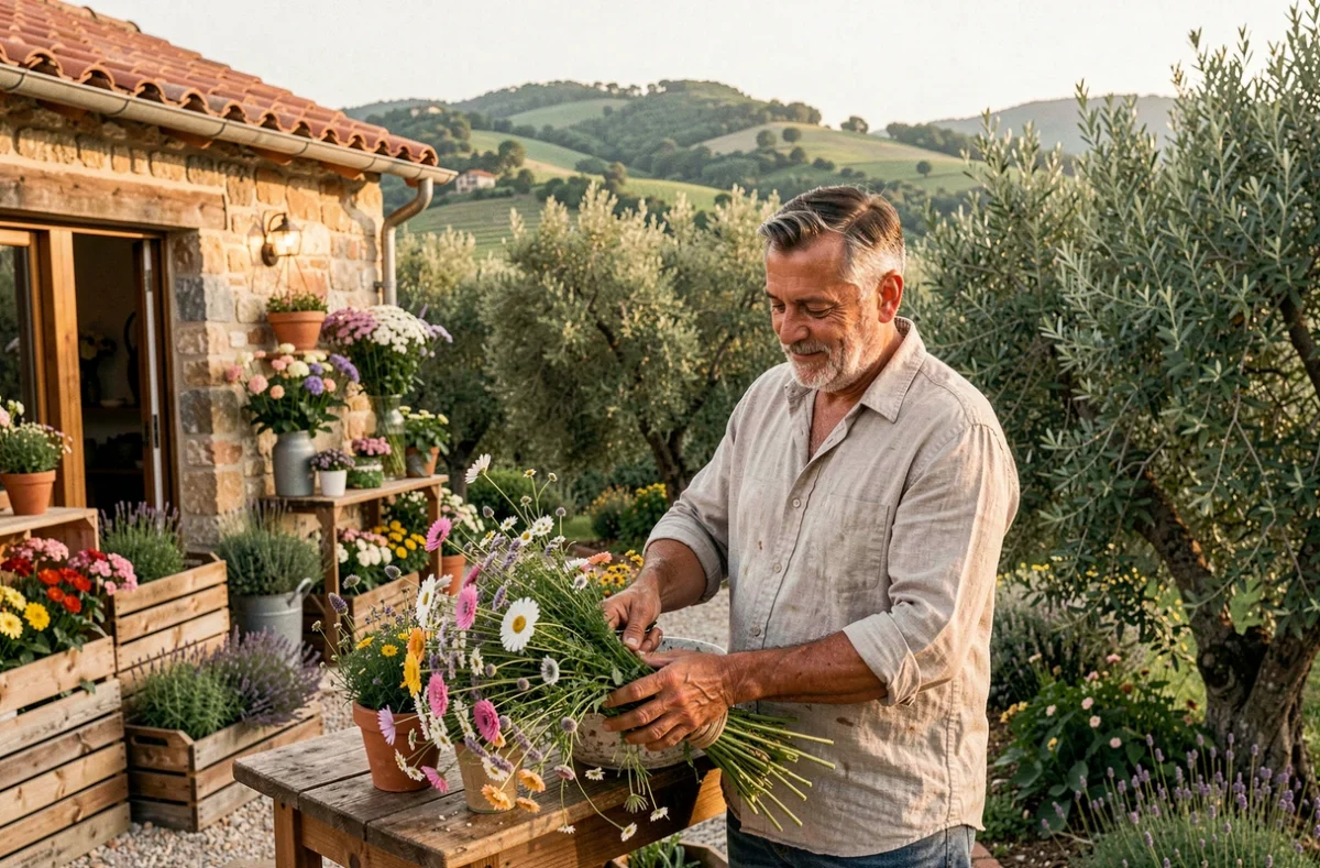 Fleuriste de Guaresi Fiori à Alata travaillant des fleurs sauvages corses devant un atelier rural entouré de maquis