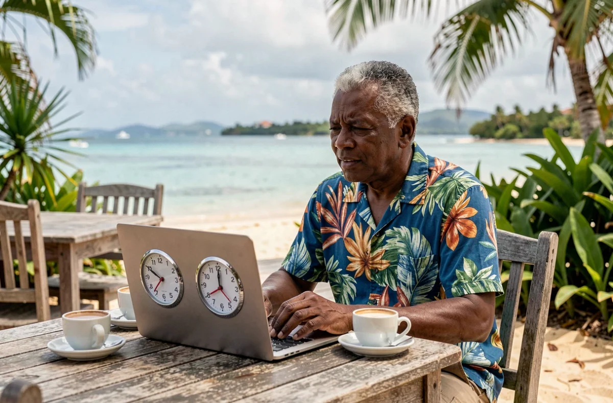 Homme en Nouvelle-Calédonie devant son ordinateur portable affichant deux fuseaux horaires sur une terrasse au bord du lagon de Nouméa