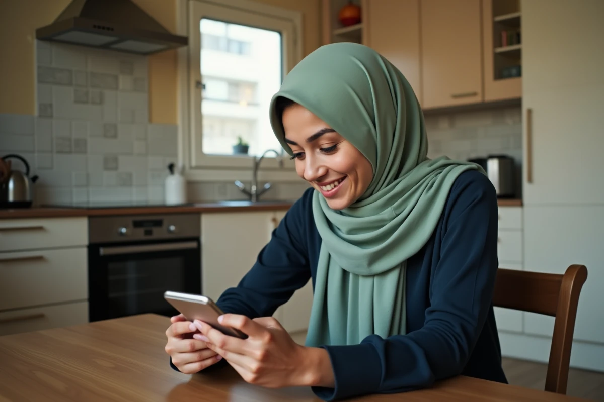 Jeune femme consultant les heures de prière du Ramadan sur son téléphone dans une cuisine à Tremblay-en-France