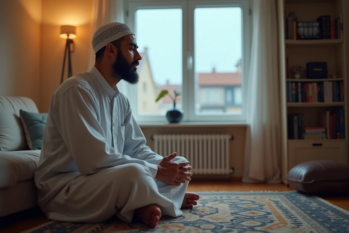 Homme musulman en prière sur un tapis de prière dans un appartement de Tremblay-en-France pendant le Ramadan 2026