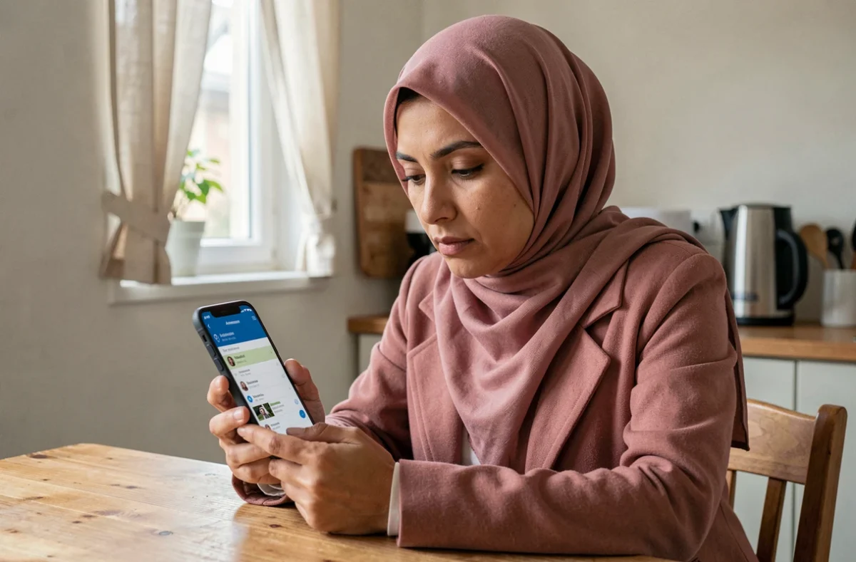 Femme consultant les heures de prière sur smartphone dans un appartement à Annemasse