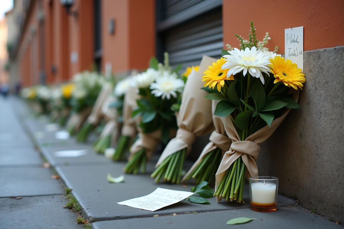 Hommage floral déposé sur le trottoir en mémoire des victimes d'un accident mortel à Toulouse