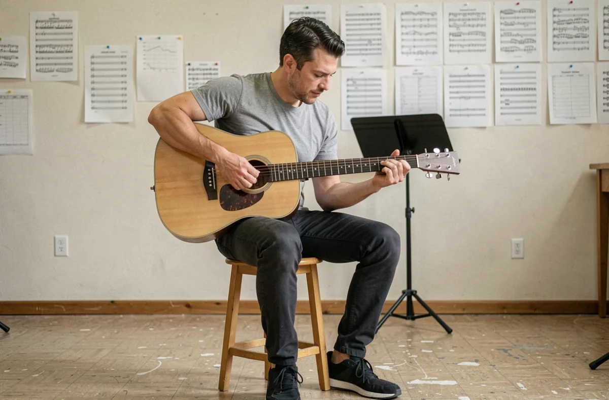 Homme adulte en salle de cours de musique pratiquant des accords de guitare alternatifs sans position de barré