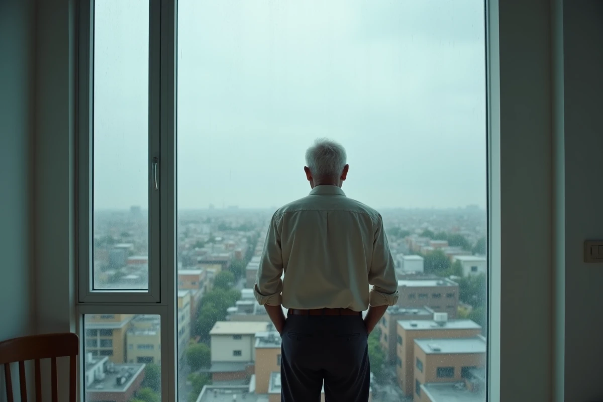 Homme âgé seul debout devant une fenêtre pluvieuse avec vue sur la ville, évoquant la réflexion et la solitude existentielle