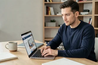 Homme analysant la nouvelle version du site Tiviob V2 sur un ordinateur portable dans un bureau moderne