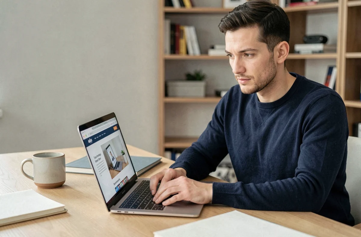 Homme analysant la nouvelle version du site Tiviob V2 sur un ordinateur portable dans un bureau moderne
