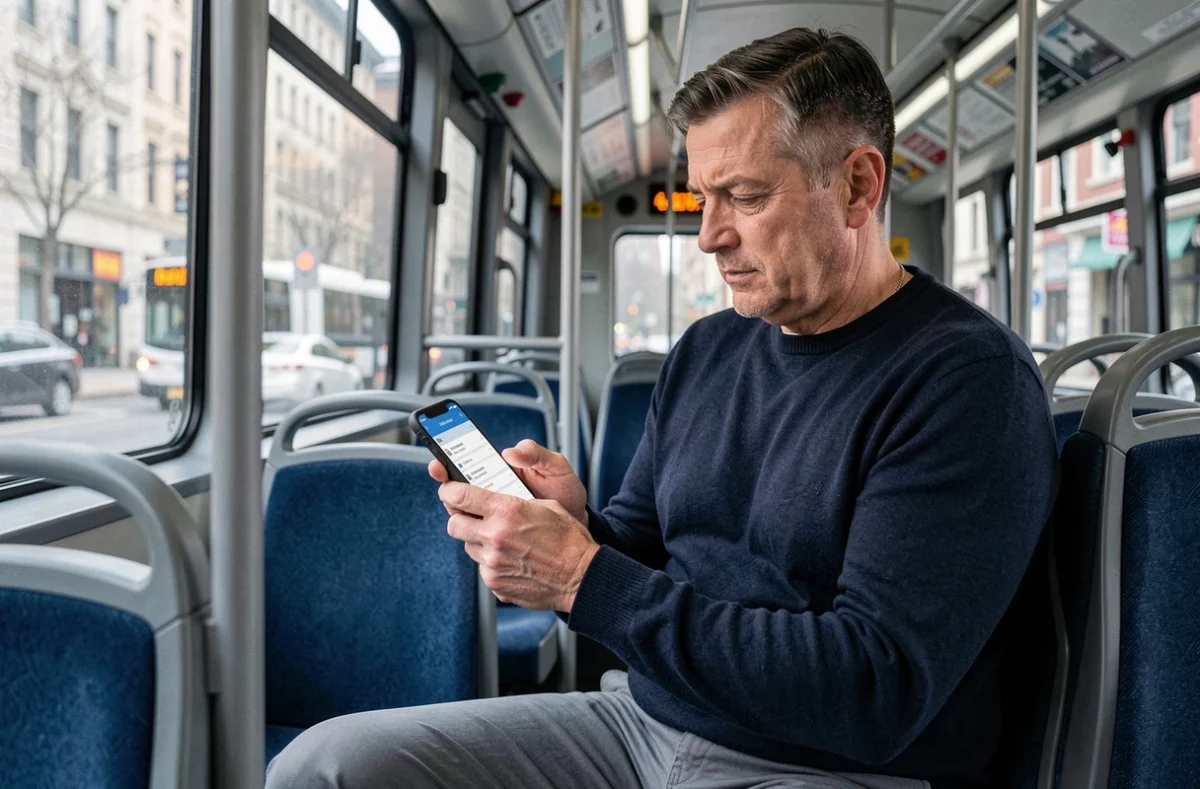 Homme d'âge moyen utilisant une application de transport pour consulter l'horaire du bus 91 en temps réel à l'intérieur d'un bus