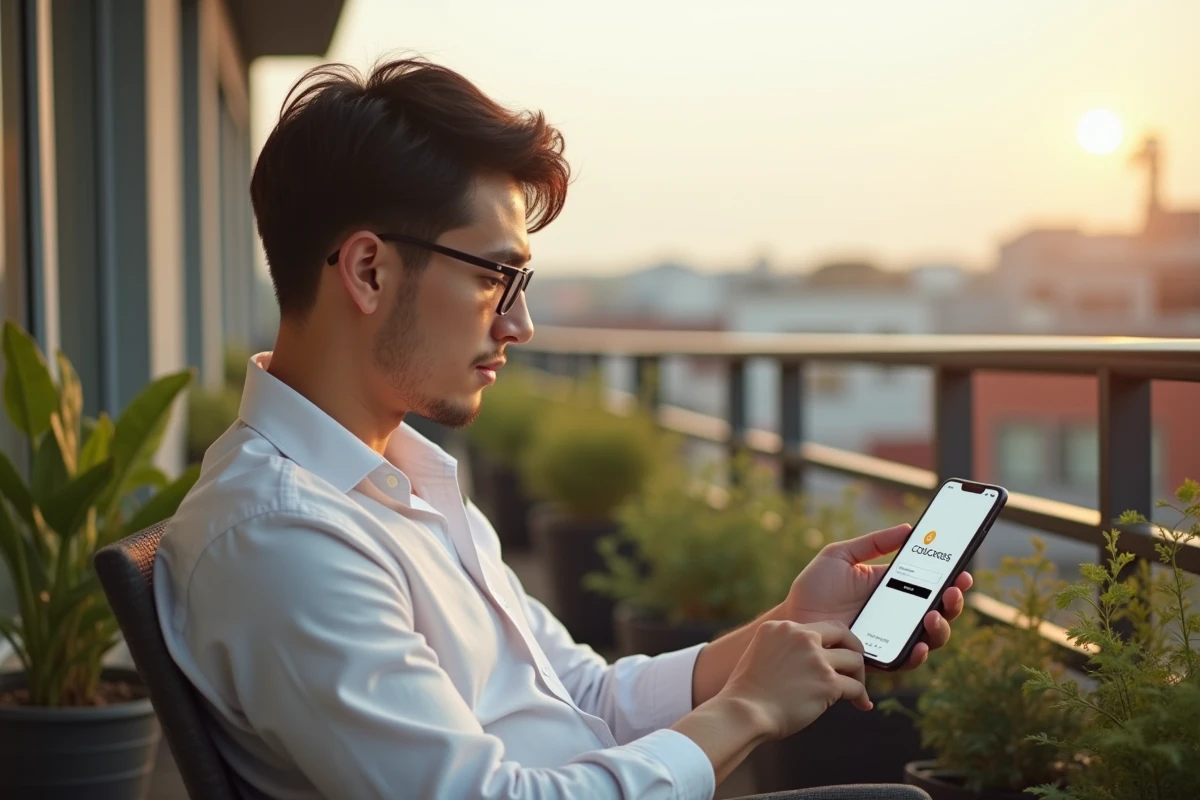 Jeune homme relaxant sur un balcon urbain avec smartphone