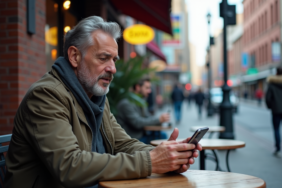 Homme assis au café avec hologramme AR en extérieur
