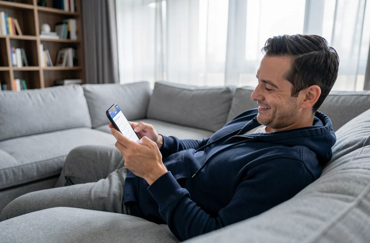 Homme allongé sur un canapé jouant à 4 Images 1 Mot sur son téléphone, réponse 5 lettres trouvée avec satisfaction