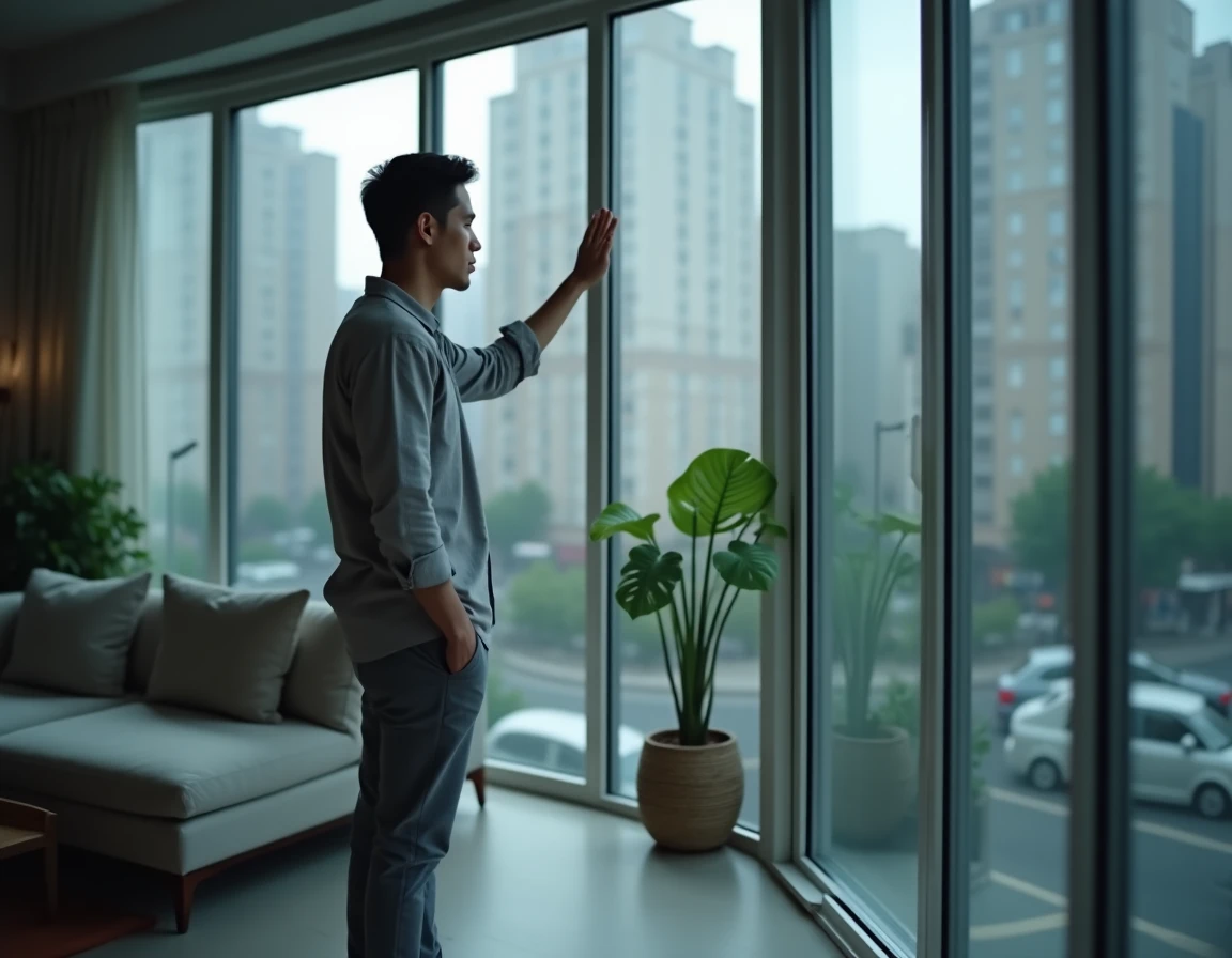 Homme contemplatif regardant par une fenêtre en ville, pensant à quelqu'un, symbole d'un lien émotionnel fort