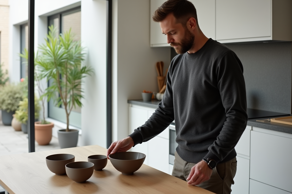 Homme arrangeant des bols en céramique dans la cuisine