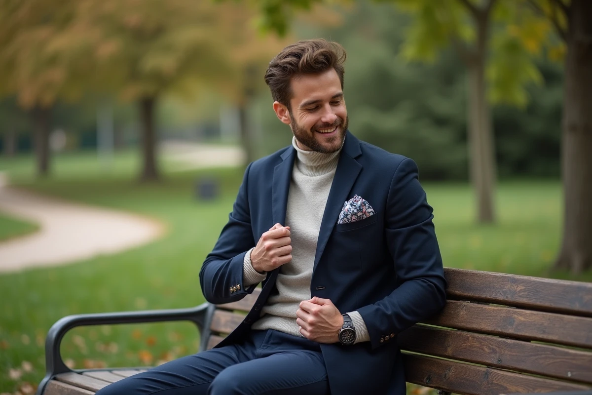 Homme élégant en blazer dans un parc serein