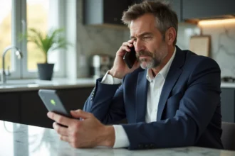 Homme en costume hésitant à répondre au téléphone