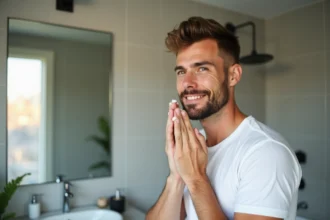 Homme appliquant une creme visage dans une salle de bain moderne
