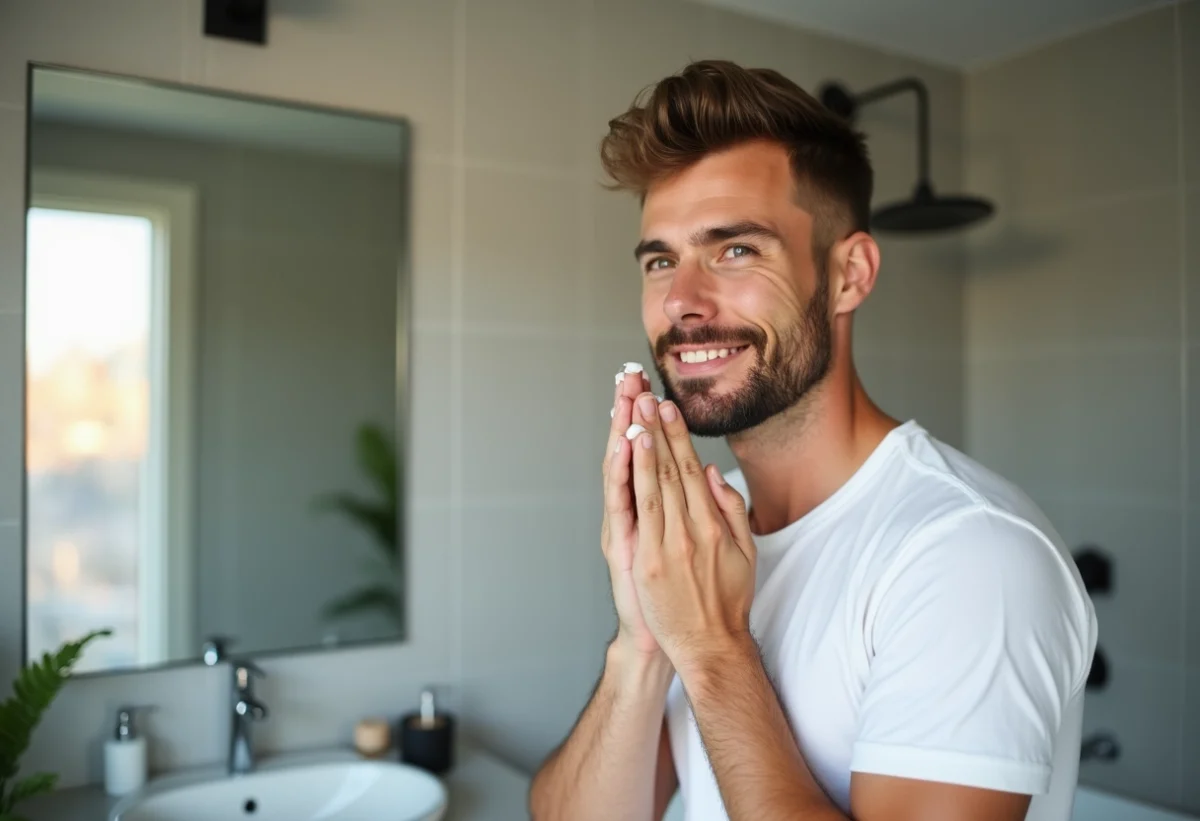Homme appliquant une creme visage dans une salle de bain moderne