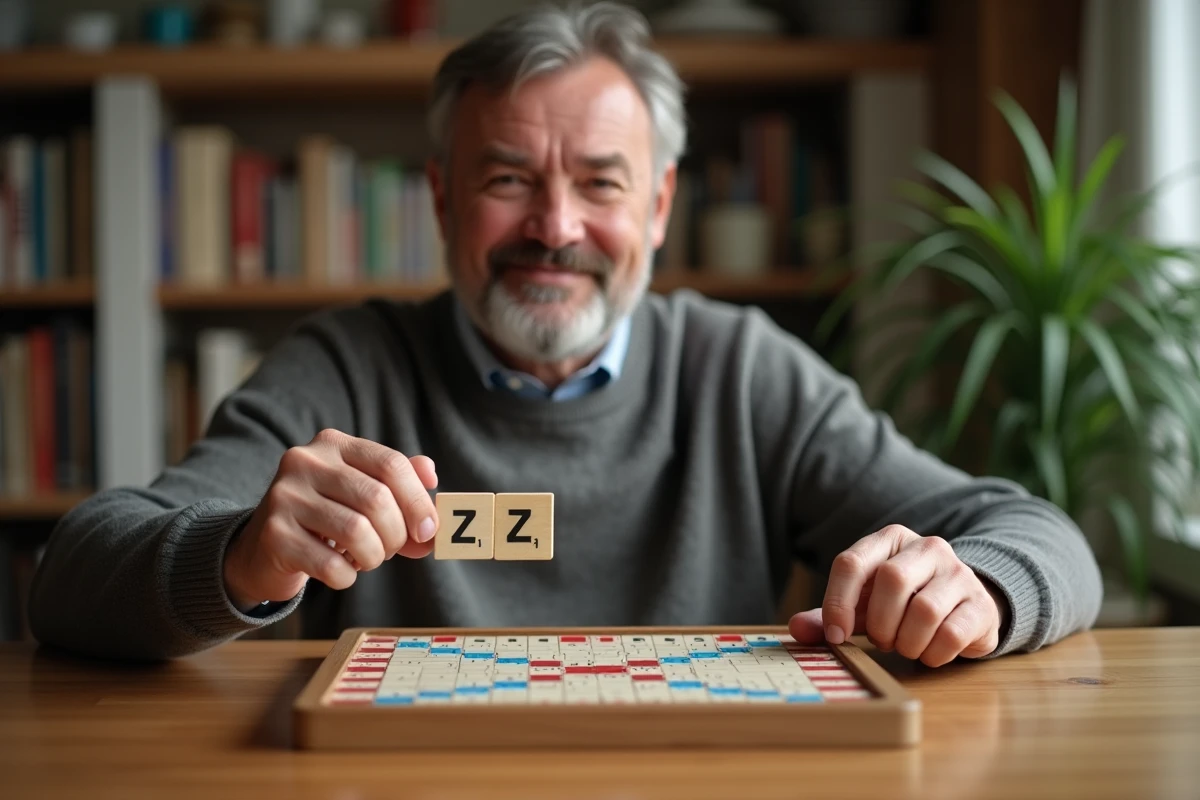 Homme d'âge moyen jouant au Scrabble dans une cuisine chaleureuse