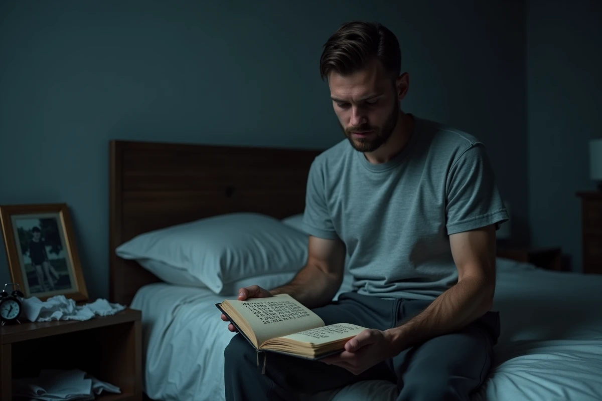 Homme seul assis sur un lit tenant un journal rempli de séquences numériques 23h23 liées à la flamme jumelle