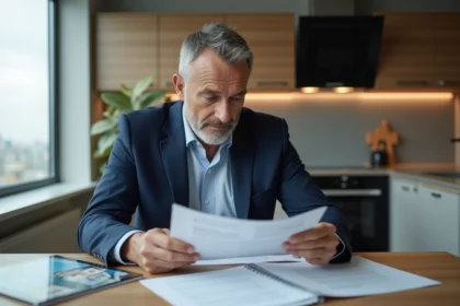 Homme d'âge moyen examinant des documents de prêt immobilier