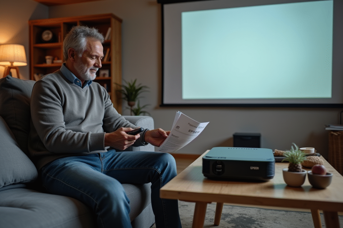 Homme en salon lisant manuel de projecteur Epson